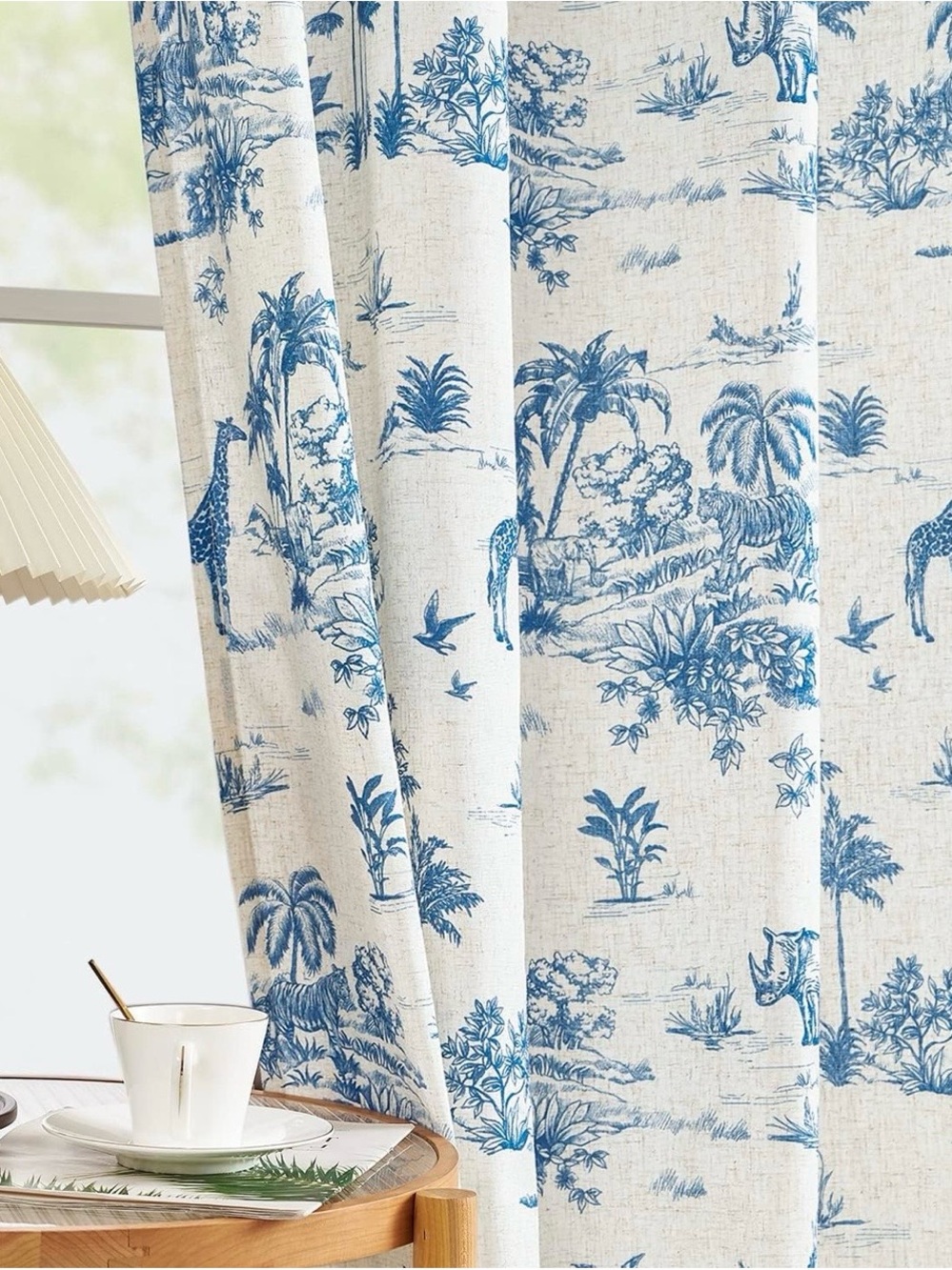 BEAUTIFUL Blue and White Safari Print Linen Blend Curtain - Set of 4 50” x 84”